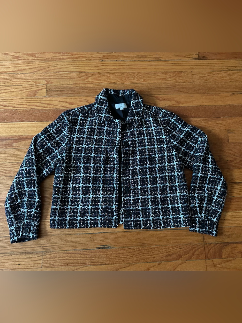 LOFT Women’s Black White Confetti Plaid Open Front Lined Jacket Size S NWOT